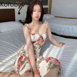 Korobov Korean Bow Sweet Print Women Dress Summer Spaghetti Strap Beach Style Boho Dresses Fashion A-Line Vestidos 210430