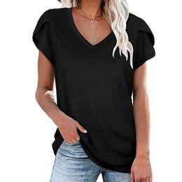 Designs Summer Casual Women Tops V Collar Petal Sleeve Solid Colour Daily Office Women Girl Basic Tunic Tshirts for Girl Black xx