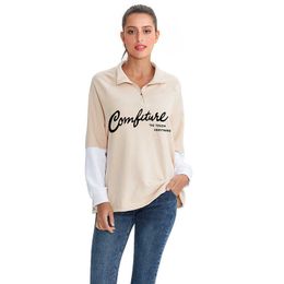 Oversize Fashion Casual Cotton Spring Autumn Turn-down Collar Women Sweatshirt Patchwork Zip V-neck Pullover Tops Blouse M30109 210526