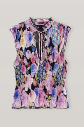 2021 Spring Sleeveless Round Neck Purple Floral Print Ribbon Tie Short Blouse Women Fashion Shirt 21G12