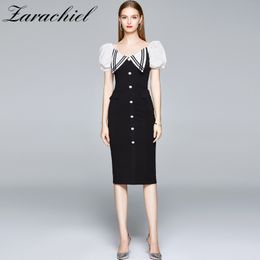 Sexy V-Neck Puff Sleeve Pencil Women Elegant Single-Breasted Backless Party Female Black Slim Bodycon Dress 210416