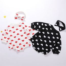 0-3Yrs Autumn Winter Infant Baby Boys Girls Loving Heart Printing Rompers And Hair Band Clothing Kids Boy Girl Clothes 210521