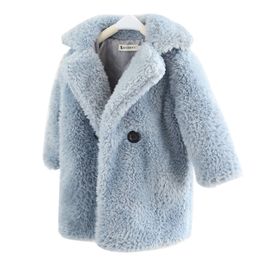 2-12 Years Children Faux Fur Coat Baby turndown collar Thicken Warm Jacket Girls Long Overcoat Winter Kids girls Casual Outwear 211204