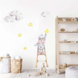 Cute Watercolour Bunny on the Stairs Stars Clouds Removable Wall Decals Nursery Art Stickers Posters PVC Girls Bedroom Home Decor 210929