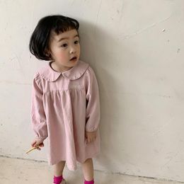 Cute Baby Girls Dress Spring Autumn Peter Pan Collar Long Sleeve Kids Dresses For Girls Solid Infant Girl Princess Dress 210413