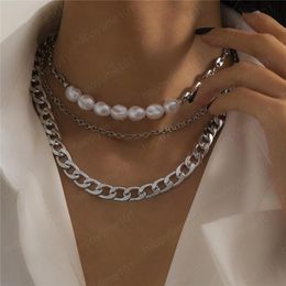 Mix Splicing Round Beads Chains Multi Layer Sexy Clavicle Necklaces For Women Hip Hop Imitation Pearl Metal Necklace Jewelry
