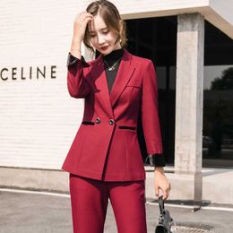 temperament women's suits pants Fashion Slim Large Size Ladies Suit Red Slim-fit flared office two-piece 210527