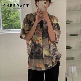 Vintage Oil Painting Women Shirts Summer Short Sleeve Blouse Button Up Collar Korean Flower 210427