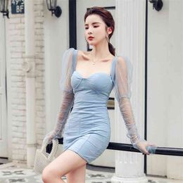 tulle dress Ladies Korea Summer Long Lace Sleeve Square Neck Linen Sexy fairy Club Mini Bodycon Dresses for women 210602