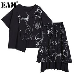 [EAM] Elastic Waist Half-body Skirt Two Pieces Suit Round Neck Short Sleeve Black Women Fashion Spring Summer 1DD7754 21512