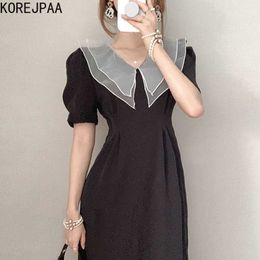 Korejpaa Women Dress Korean Chic Elegant Mesh Double-layered Collar Stitching Pleated Waist-slim Bubble Sleeve Vestido 210526