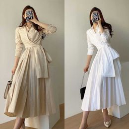Dresses Korean Chic Casual White Long Sleeve Turn Down Collar Shirts Dress Women Elegant Lace Up Mid Length Loose Vestido 210610