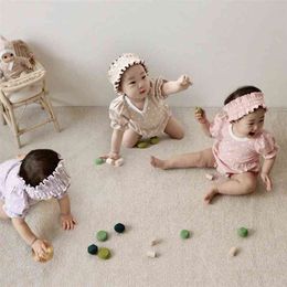 Korean style cute baby girls dot outfits with hair band Summer short sleeve cotton 3pcs sets infants clothing 210708