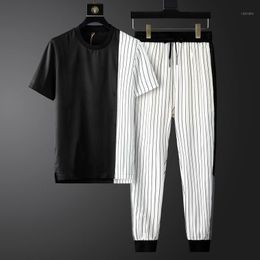 Men's Tracksuits (t-shirt+pants) Summer Mens Luxury Black White Splicing Stripe Short Sleeve Fashion Slim Fit Male Sets 3XL