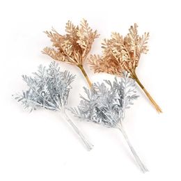Silver Gold Leaves Artificial Plants Bouquet for Christmas Wedding Decoration DIY Scrapbook Handmade Craft Fake Flowers Decor Y0630