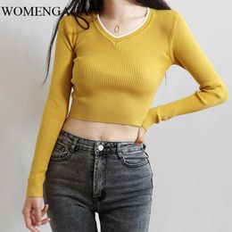 Summer Women Contrast Colours V-neck Long Sleeve Ribbed Sweater Fitted Knit Pullover Pink Knitting Thin Tops 96CF 210603