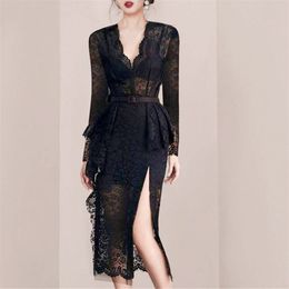 Fashion Vintage Elegant Women Long Sleeve High Waist Slim Party Dress Sexy Split Black Lace Vestidos 210520