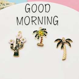 10pcs/bag Pearl Rhinestone Coconut Tree Cactus Enamel Charms Tag Handmade Earring Keychain Floating for Jewelry DIY Accessories