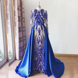 Arabic Dubai Muslim Formal Evening Dresses Gowns With Detachable Train Glitter Sequins Moroccan Kaftan Prom Party Long Sleeves Crew Neck Special Occasion Dress