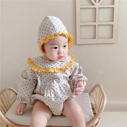 Spring New Pure Cotton Baby Bodysuit Dot Print Long Sleeve Baby Girls Clothes Infant Boys Jumpsuit Outfit Hat 210413