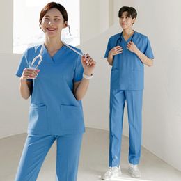 Female Nursing Scrubs Women Men Unisex Working Uniforms Suits Short Sleeve Tops And Pants Sets Women's Two Piece