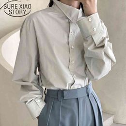 Button Single Breasted Ladies Tops Clothing Korea Spring Autumn Blouse Casual Oversized Grey Women Shirts 12542 210415