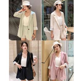 Summer Casual Shorts Sets Korean Clothes Thin Polka Dot Stitching Short-Sleeved Blazer Girly Female Two-Piece Suit Set 210514