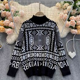 Geometric Sweater Women Vintage Style Loose Knitwear Fashion Autumn Winter Full Sleeve Oversized Pullover 210603