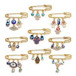 Creative Lucky Eye Blue Turkish Evil Eyes Brooches Pin for Women Men Dropping Oil Flower Crown Star Hamsa Hand Charm Fashion Jewelry