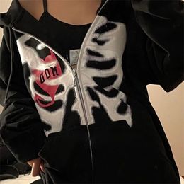 Zip-up Y2K Harajuku Loose Skull Print Goth Hoodies Women Grunge Hooded Coat Solid Colour Retro Clothes Sweatshirt 210803