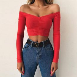 Europe station spring and Autumn Women's long sleeve one shoulder slim open navel short T-shirt 210602