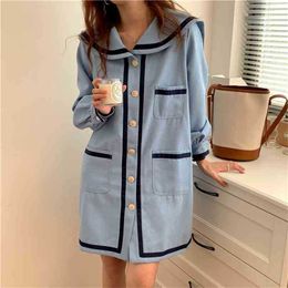 Sweet Vintage Turn-down Collar Preppy Style Casual Fashion Femme All Match Mini Dresses Vestidos 210525