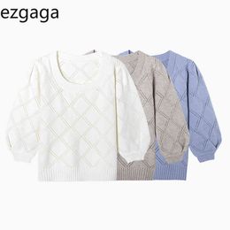 Ezgaga Long Puff Sleeve Sweater Three Quarter Sleeve O-Neck Autumn New Knit Tops Argyle Sweaters Office Lady Pullover Casual 210430