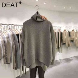 DEAT Women Sweater Knit Gray Solid Turtleneck Long Sleeve Casual Style Elastic Loose Pullover Tops 2021 Autumn Fashion 15AK445 Y1110
