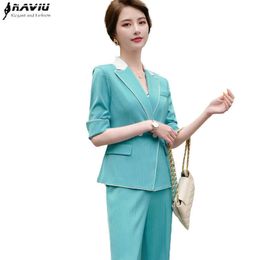Naviu Arrival Half Sleeve Pant Suit Spring Women Two Pieces Set Fashion Stripe Office Wear 210604