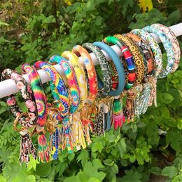 69 Styles Keychain Sun Flower Flag Dyeing Pattern Pu Leather Wrap Tassels Bracelets Wristlet Round Bangle Key Ring