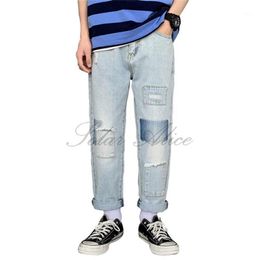 Men's Spring / Summer Mid-Waist Straight Ankle-Length Jeans Loose Teen Patch Ripped Casual Pants