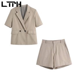 French vintage Suit 2 Pieces Set Women Outfits pockets Business Blazer high waist casual shorts Short Suits Summer 210427