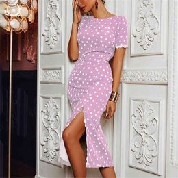 Women Polka Dot Printed Pink Sweet Bodycon Dress Short Sleeve with Lace Patchwork Zipper Midi Length Elegant Office Robe Dresses 210416