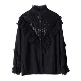 Women Shirt Black White Stand Collar Sequined Patchwork Ruffle Flare Long Sleeve Spring Summer B0735 210514