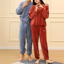 Winter Thick Flannel Sleepwear For Women Men Fashion Couple Home Wear Solid Men's Sleep Suit Ladies Nightgown 2 Piece Sets 211110