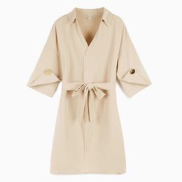 PERHAPS U Khaki Blue Turn Down Collar Shirt Dress Button 3/4 Sleeve Sash Chiffon Mini Dress Pocket Loose Casual Summer D0396 210529