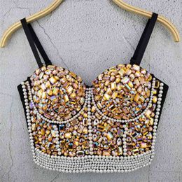 Adyce New Summer Beading Sleeveless Mini Tops Sexy Women Spaghetti Strap Luxury Pearls Club Celebrity Party Chic Crop Tops 210407