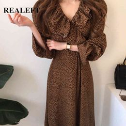 Vintage Leopard Women's Dress Flare Sleeve V Neck Straight Chic Ruffles Female Office Long Spring Summer 210428