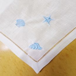 Set of 12 Handkerchiefs For Women White Pure Ramie Fabric Hankies Hemstitched Border Embroidered Shell/Neptune/Conch 13"x13"