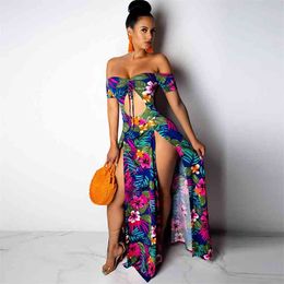 Sexy Women Boho Long Dress Off Shoulder Floral Leaves Printed High Split Cutout Summer Beach Holiday Maxi Dress vestidos 210331