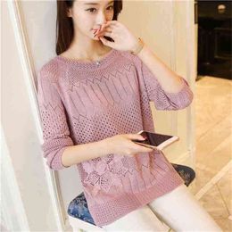 Sexy Hollow Bottoming Sweater Women Trendy Fashion Loose Round Neck Pullover Knitted Jumpers Appliques Female Spring Summer 210427
