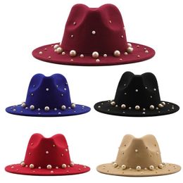 Wide Brim Hats Fashion Pearl Jazz Top Hat Wool Felt Props Casual Tophat Cosplay Accessories For Men Women