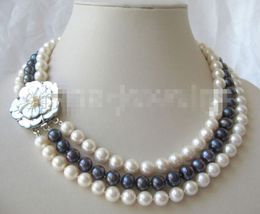 Earrings & Necklace Beautiful! 3row 17-19" 9mm Natural White Black Round Freshwater Pearl Earring Set