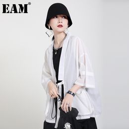 [EAM] LooseWhite Bandage Big Size Thin Jacket V-collar Three-quarter Sleeve Women Coat Fashion Spring Summer 1DD8676 21512